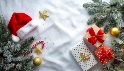 Christmas theme background. Santa hat, Christmas decorations, gift boxes, pine leaves, candy cane
