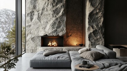 A cozy grey daybed sofa set against a stone fireplace in a Scandinavian luxury living room, with natural materials and minimalist design.