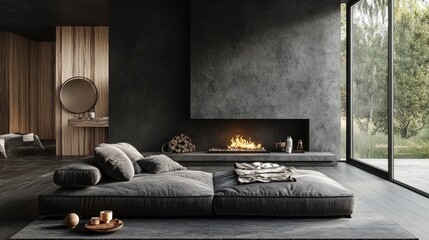 A grey daybed sofa near a rustic fireplace, set in a Scandinavian luxury living room, with warm wooden tones and minimalist decor.