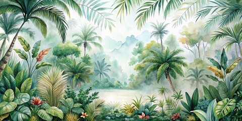 Watercolor jungle landscape painting of a tropical forest reflecting in water