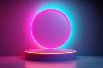 A vibrant neon display featuring a circular spotlight on a pedestal, perfect for showcasing products or creative concepts