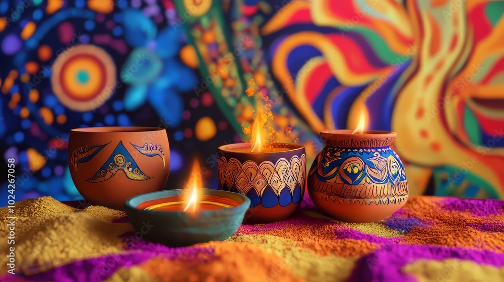 Aufkleber a colorful painting with a few small clay pots with a flame in them. the pots are arranged in a row 