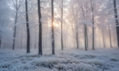 Naklejka premium Serene Winter Scene at Dawn with Snow-Covered Trees and Soft Pink, Red, and Yellow Sky, Romantic Atmosphere