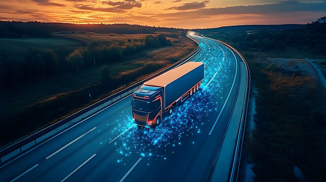 aerial view of autonomous truck on smart highway sensors scanning surroundings data visualization overlay futuristic logistics concept