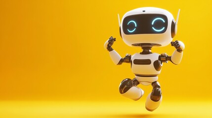 A cute, white robot jumps in the air with its arms raised in celebration, in front of a yellow background.