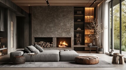 Scandinavian-style luxury living room with a grey daybed sofa and a rustic fireplace, creating a warm, inviting space with modern elegance