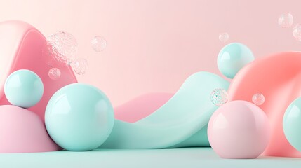 Abstract background with pastel pink and blue spheres and wavy shapes.