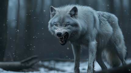 Obraz premium A fierce gray wolf in a snowy forest, showcasing its powerful stance and intense gaze.