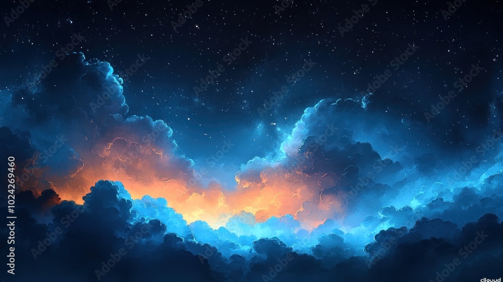 Wall mural a vast expanse of night sky with fluffy clouds illuminated by a warm, ethereal glow.
