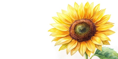 Watercolor painting of a close-up yellow sunflower on a white background