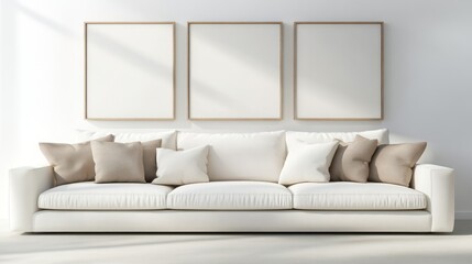 A minimalist living room featuring a white sofa and three empty frames on the wall.