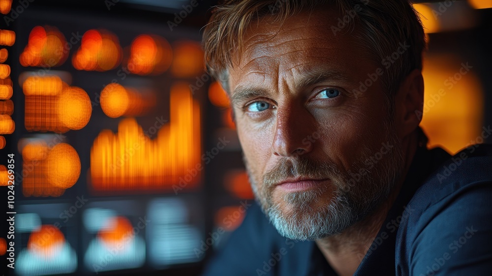 Aufkleber a man with a serious expression looks directly at the camera, with a blurred background of data anal