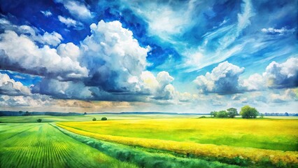 Fototapeta premium Watercolor painting of a high angle green and yellow field against a blue sky with clouds