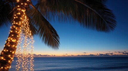 Vibrant white Christmas lights illuminate a palm tree, creating a warm glow against the backdrop of the ocean and clear blue sky, enhancing the festive atmosphere