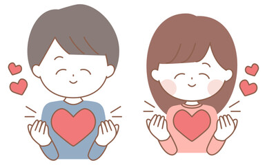 笑顔でハートを持つシンプルな男性と女性のイラストセット