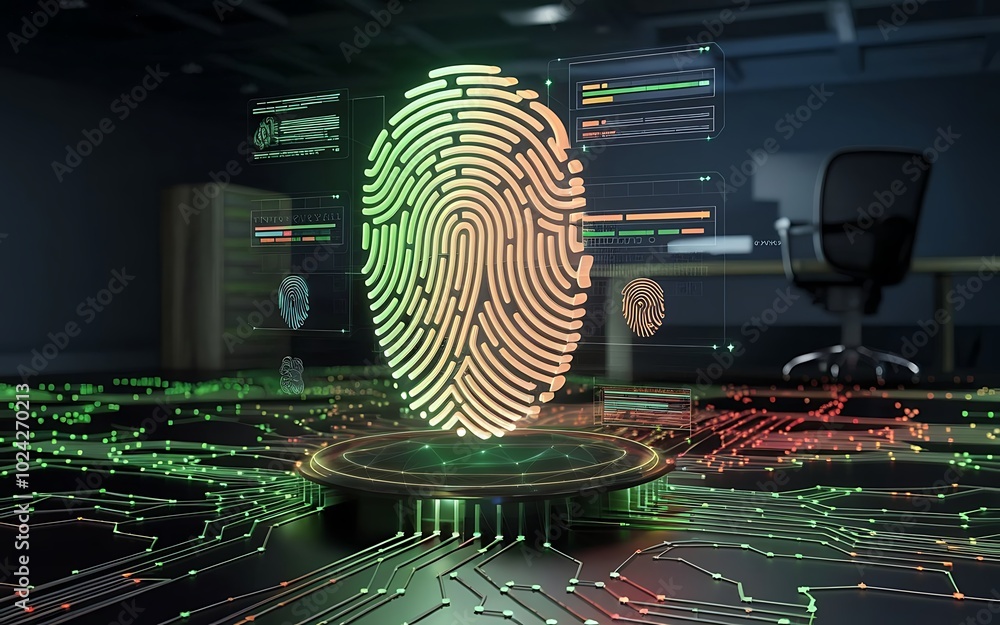 Poster digital fingerprint authentication: futuristic and abstract image of a digital fingerprint being sca