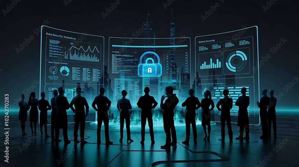 Poster cybersecurity team: silhouetted figures of a diverse team of cybersecurity professionals stand befor