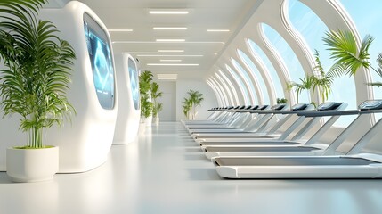 Cutting edge fitness studio featuring a holographic workout trainer guiding an energetic exercise session in a sleek minimalist and technologically advanced interior design