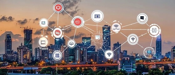 Obraz premium Futuristic cityscape with interconnected network of devices and icons, representing smart city technology and connectivity.