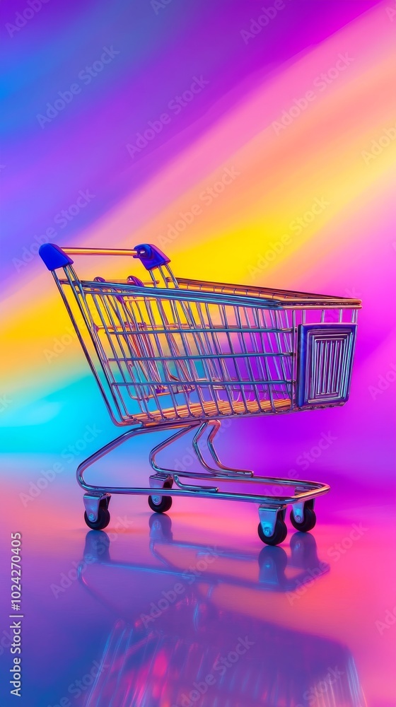 Poster a shopping cart is sitting on a table with a colorful background