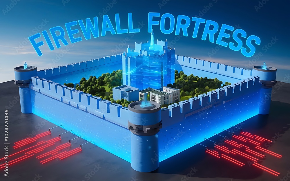 Poster firewall fortress: a futuristic fortress with strong walls and glowing blue lights symbolizes the st