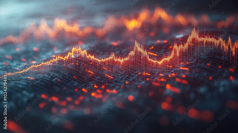Poster abstract background of a yellow line graph moving upwards over a black and red abstract surface.