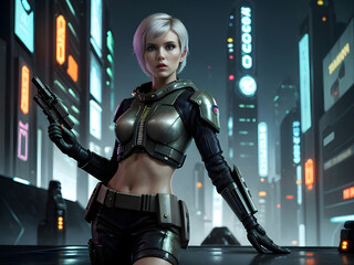 Woman with short blonde hair in Sci-Fi futuristic city at night