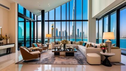Fototapeta premium 3D rendering of a luxury Dubai home with contemporary art deco interior design, showcasing stylish furniture, glass windows, and panoramic views of the city’s famous skyline and skyscrapers.