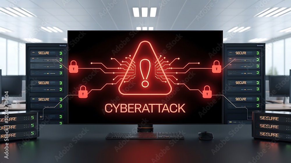 Poster cybersecurity threat: a warning sign flashes on a monitor in a server room, depicting a red alert tr