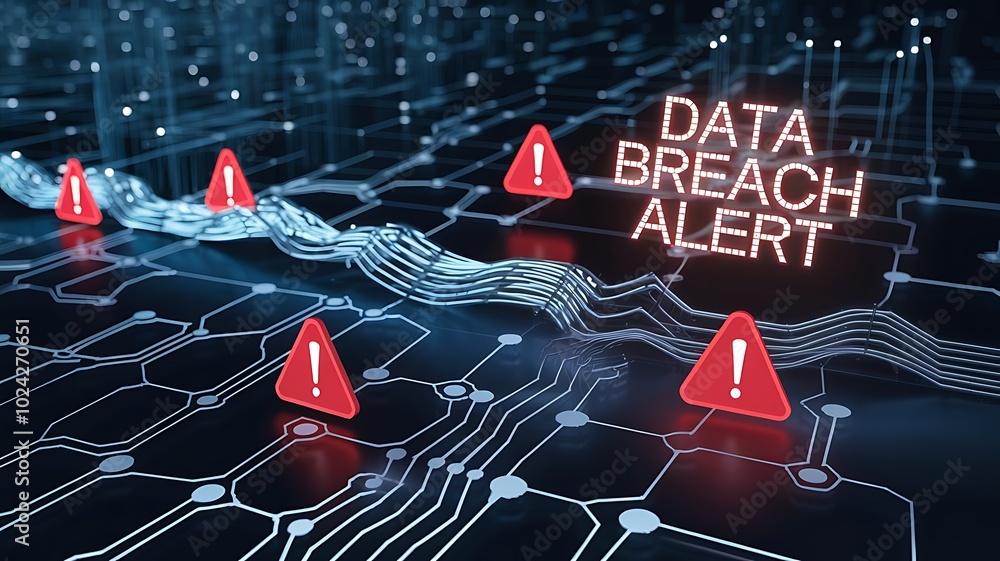 Poster data breach alert: cyber security threat: a digital illustration of a data breach in progress, with 