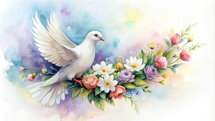Watercolor painting of a white dove with flowers at a tilted angle