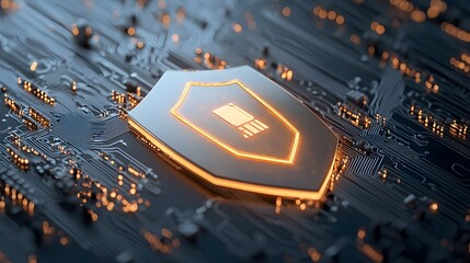 Cybersecurity visualization with a neon shield and glowing data streams on a dark background representing the digital security intelligence and protection in the modern technological landscape