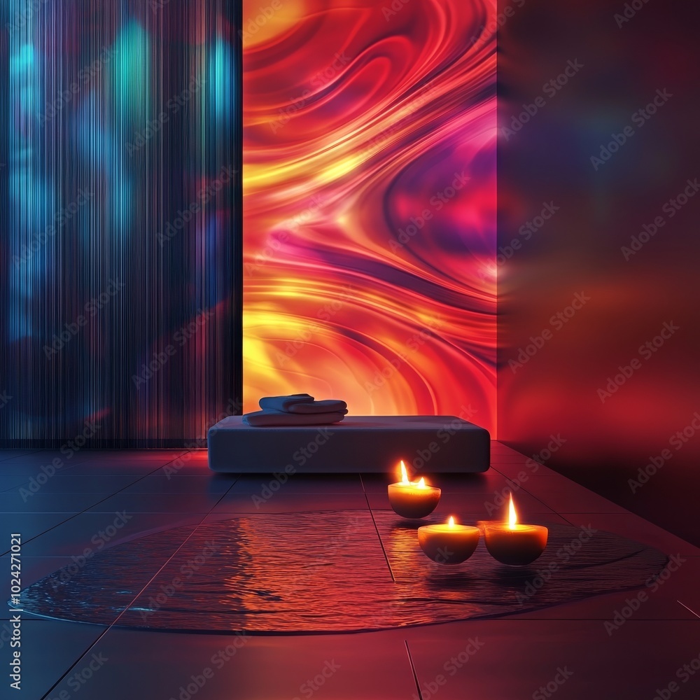 Poster a room with a wall of colorful abstract art and a white bench with a towel on it. there are three ca