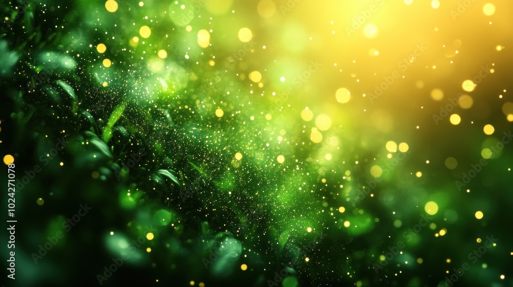 Poster abstract green and yellow background with bokeh lights and sparkles.