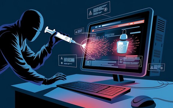 Cyberattack in Progress: Hacker injecting malware into a computer system, depicted in a dramatic, vector illustration.  