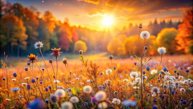 Watercolor painting of autumn meadow with small wildflowers during late autumn sunset with sunflares in the background