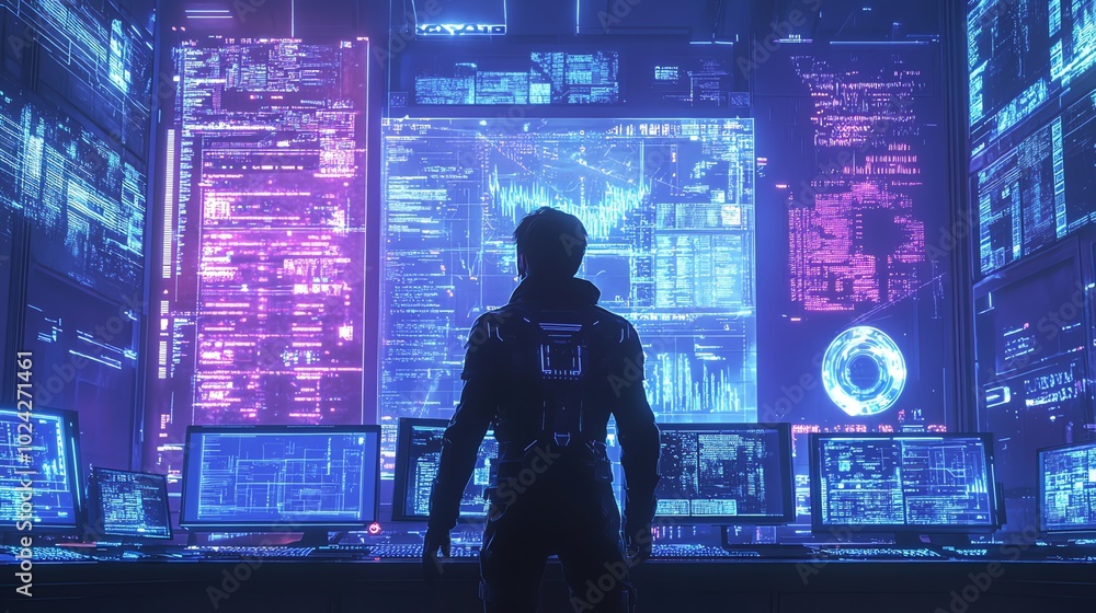 Poster a lone figure stands in a futuristic server room, surrounded by glowing screens displaying digital d