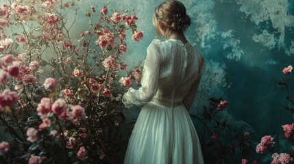 Woman in a white dress standing in front of blooming pink flowers, her back facing the viewer, with braided hair styled in a bun, creating a peaceful, vintage-inspired garden scene
