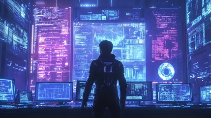A lone figure stands in a futuristic server room, surrounded by glowing screens displaying digital data and code.