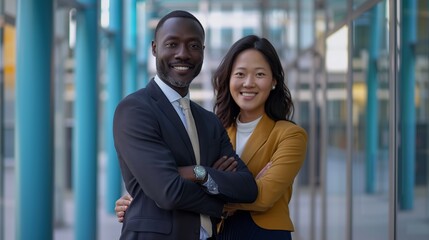 Happy multi-ethnic business couple posing confidently with arms crossed in modern professional office setting