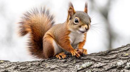 Fototapeta premium A curious red squirrel with a bushy tail sits on a tree branch, holding a nut in its paws.
