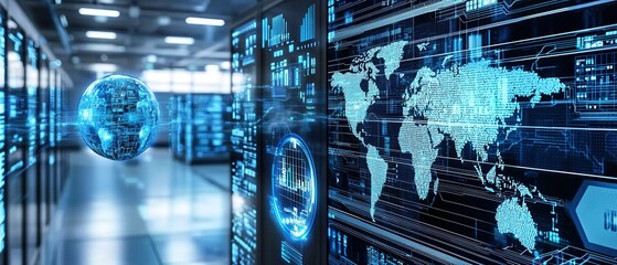 A futuristic server room with glowing digital displays showing global data.