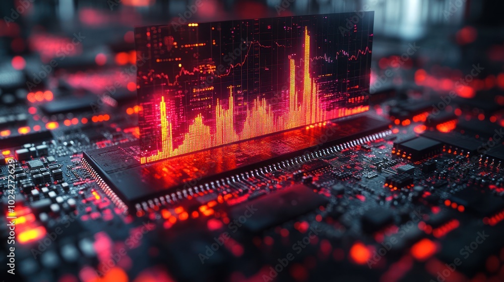 Poster a close-up shot of a circuit board with a glowing screen displaying a financial chart, representing 