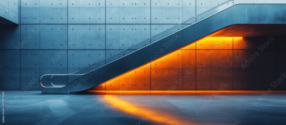 Poster a modern escalator in a concrete building illuminated with warm light.
