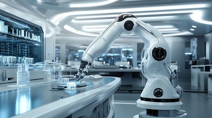 Robotic arm working in a futuristic laboratory.