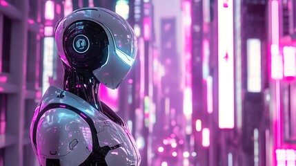 Fototapeta premium A humanoid robot stands in a futuristic city with glowing neon lights.