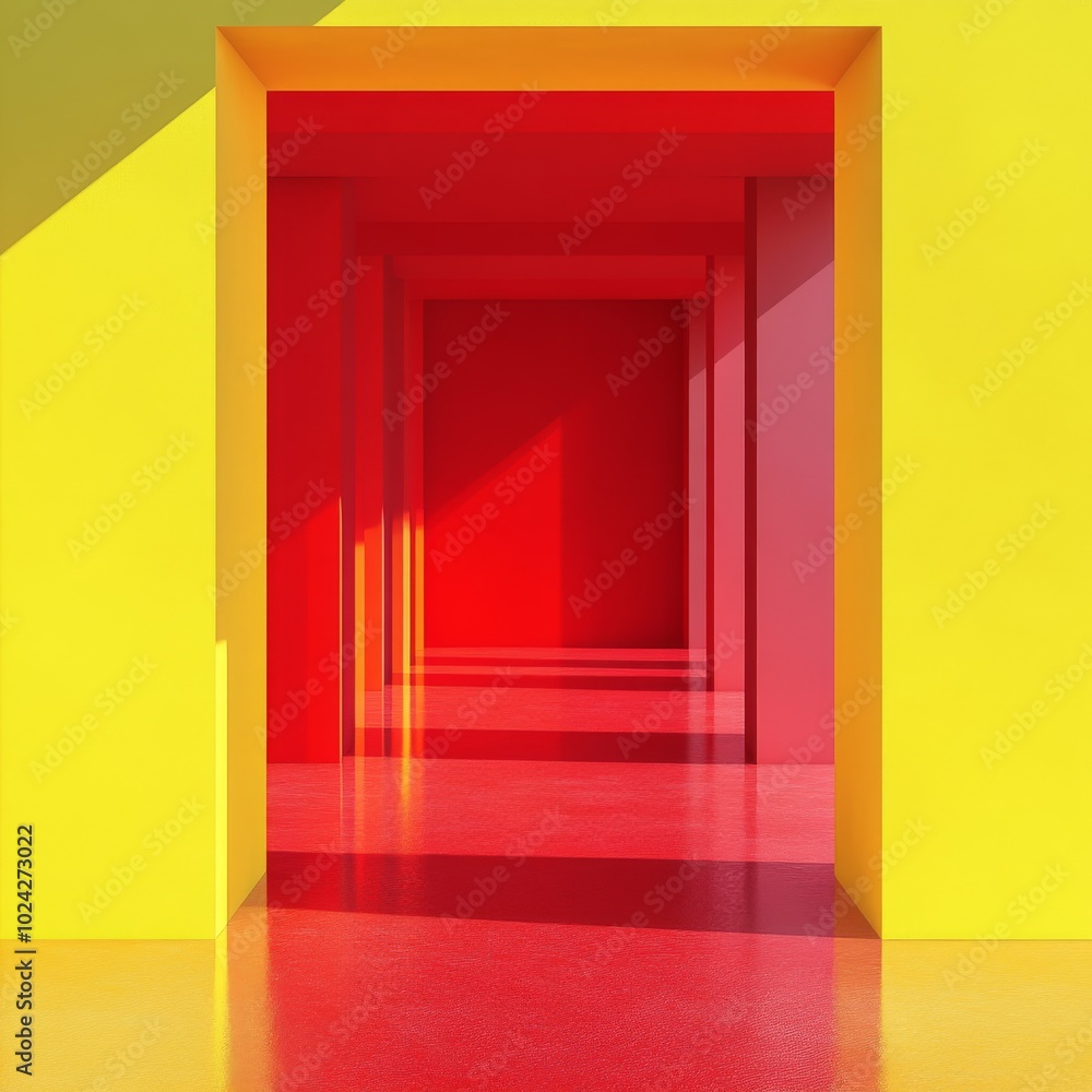 Poster a striking image of modern architecture featuring bold red and yellow geometric patterns with dramat