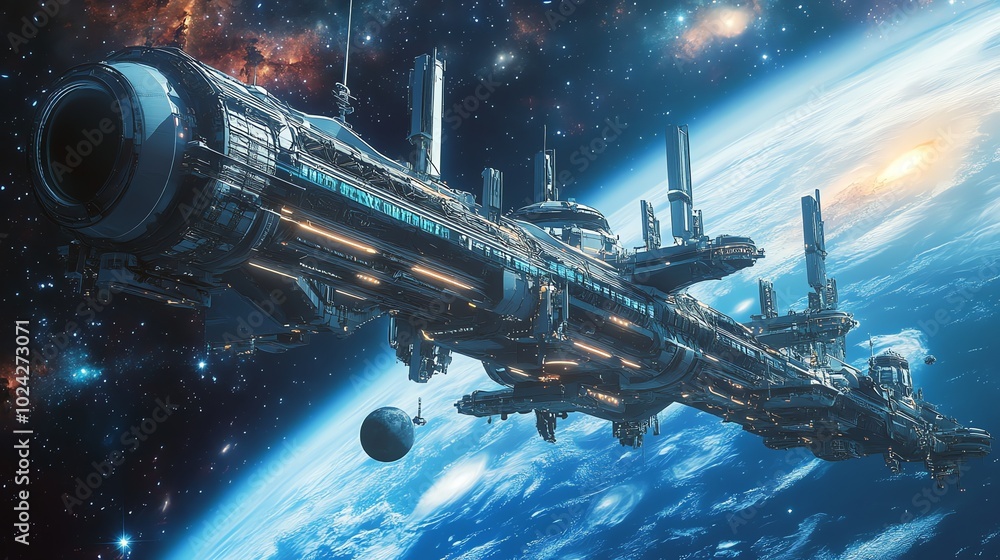 Poster a futuristic spaceship soars over a planet and a moon in a vast expanse of space.