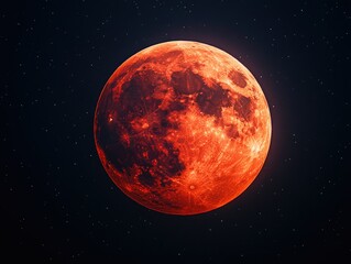 Red moon glowing against black sky, close-up view, detailed surface textures.
