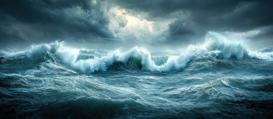 Fototapeta premium Dramatic stormy seascape with huge waves crashing under a dark, cloudy sky.